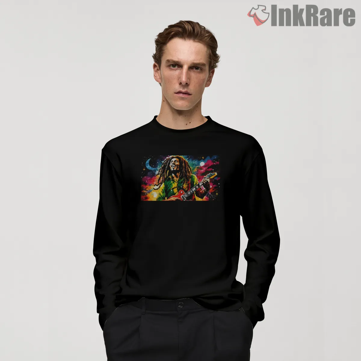 Bob Marley Cosmic Reggae Performance Shirt on black long sleeve shirt for men graphic tee