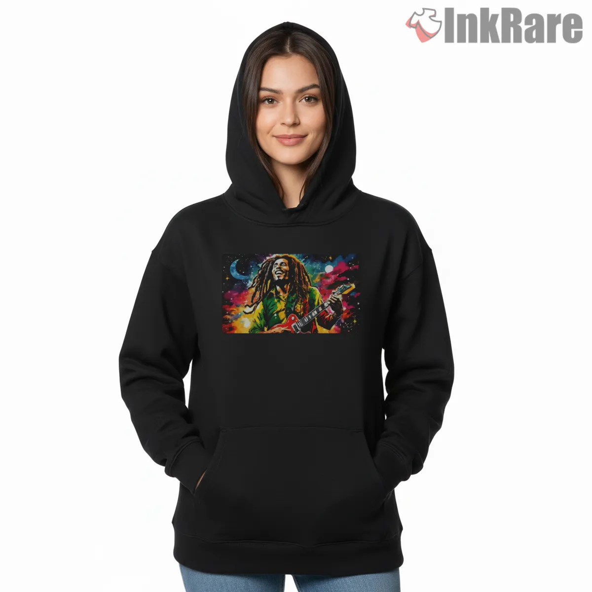 Bob Marley Cosmic Reggae Performance Hoodie Black Bob Marley Cosmic Reggae Performance Shirt on black hoodie for women graphic tee