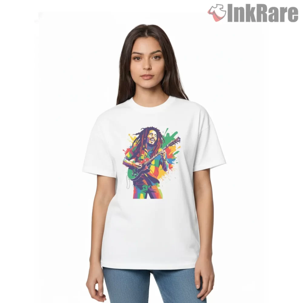 Bob Marley Energetic Reggae Guitar Art Shirt on white short sleeve shirt for women graphic tee