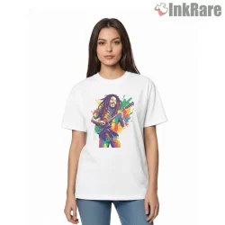 Bob Marley Energetic Reggae Guitar Art Shirt on white short sleeve shirt for women graphic tee
