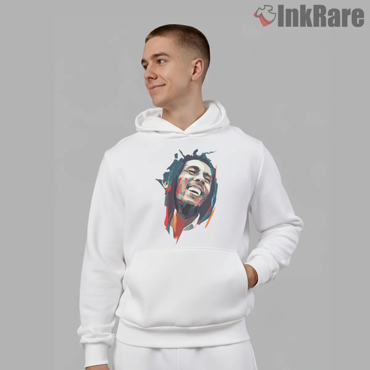 Bob Marley Expressive Abstract Portrait Shirt on white hoodie for men graphic tee