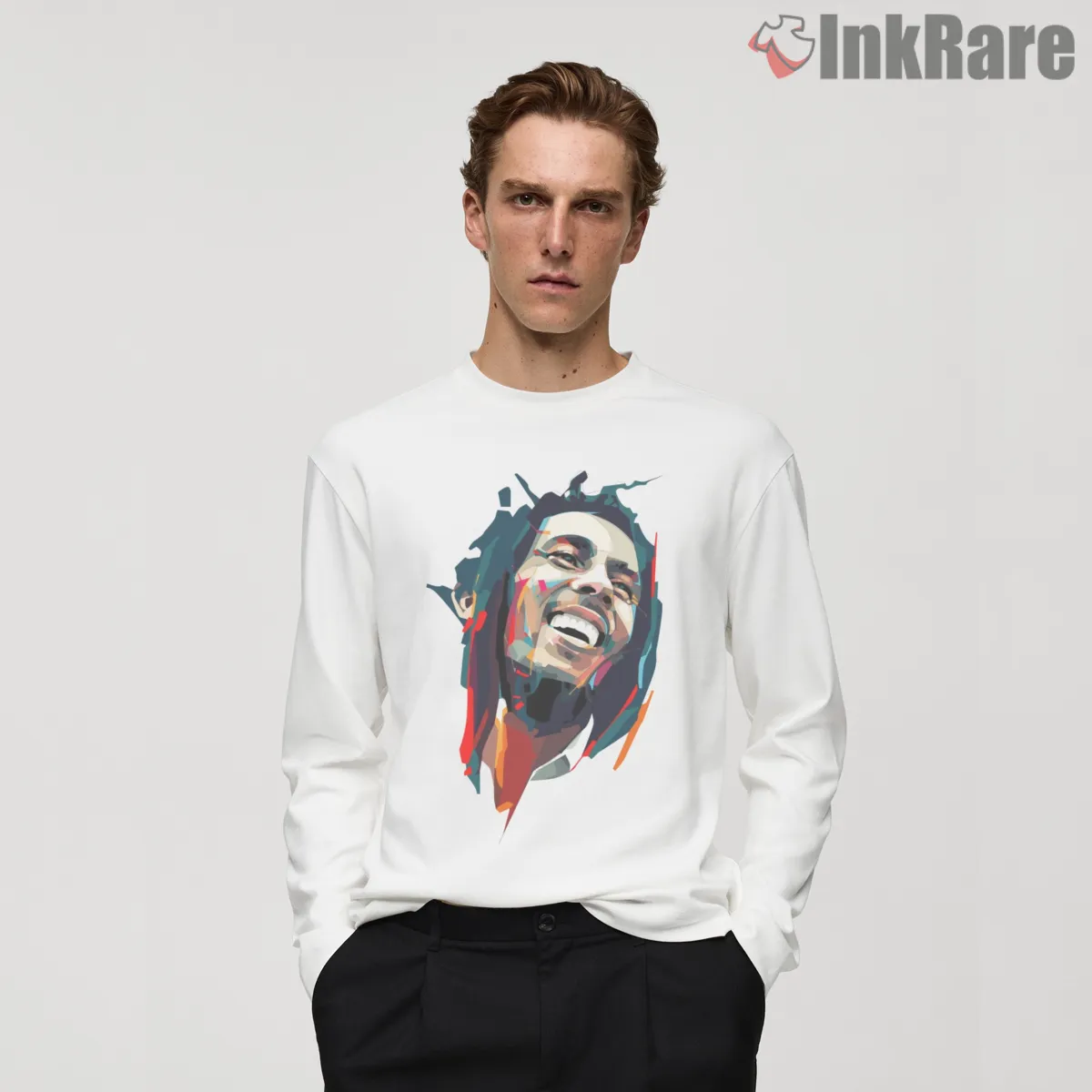 Bob Marley Expressive Abstract Portrait Long Sleeve White Bob Marley Expressive Abstract Portrait Shirt on white long sleeve shirt for men graphic tee