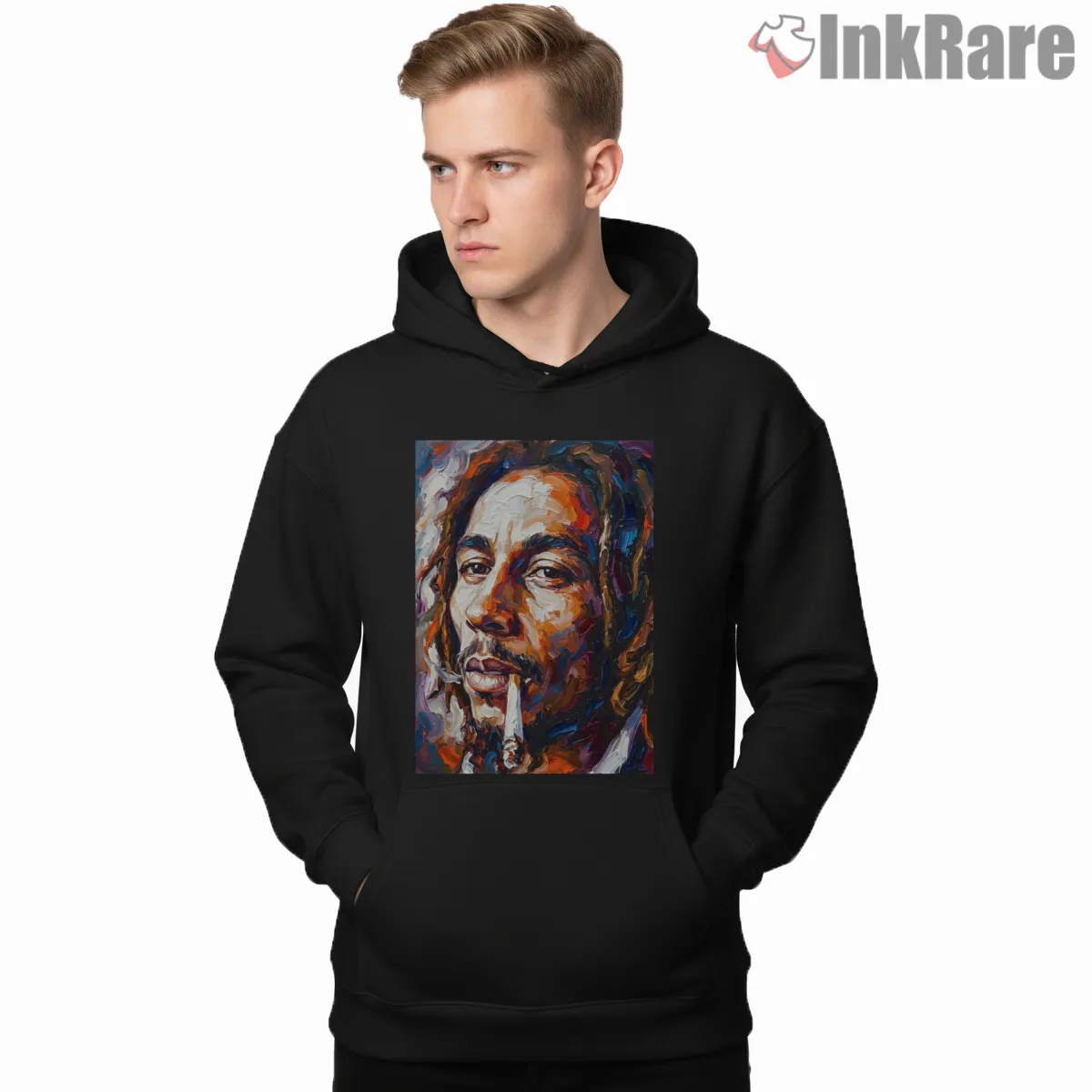 Bob Marley Expressive Painted Portrait Shirt on black hoodie for men graphic tee