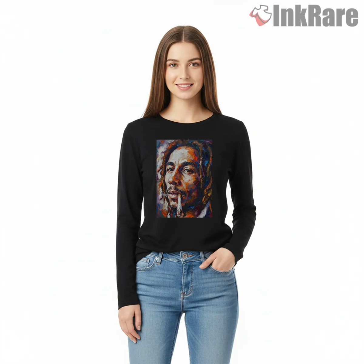 Bob Marley Expressive Painted Portrait Long Sleeve Black Bob Marley Expressive Painted Portrait Shirt on black long sleeve shirt for women graphic tee