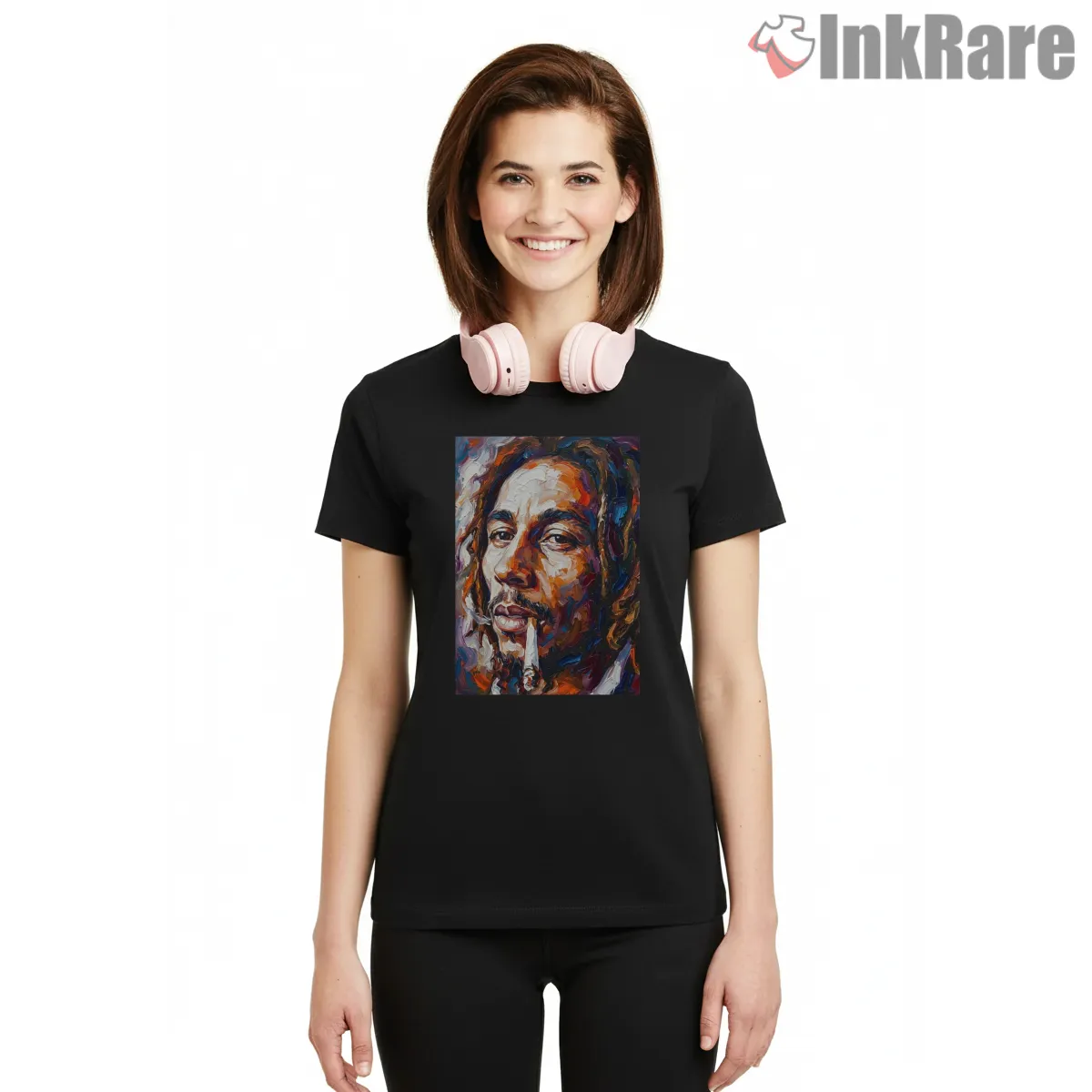 Bob Marley Expressive Painted Portrait Short Sleeve Black Bob Marley Expressive Painted Portrait Shirt on black short sleeve shirt for women graphic tee