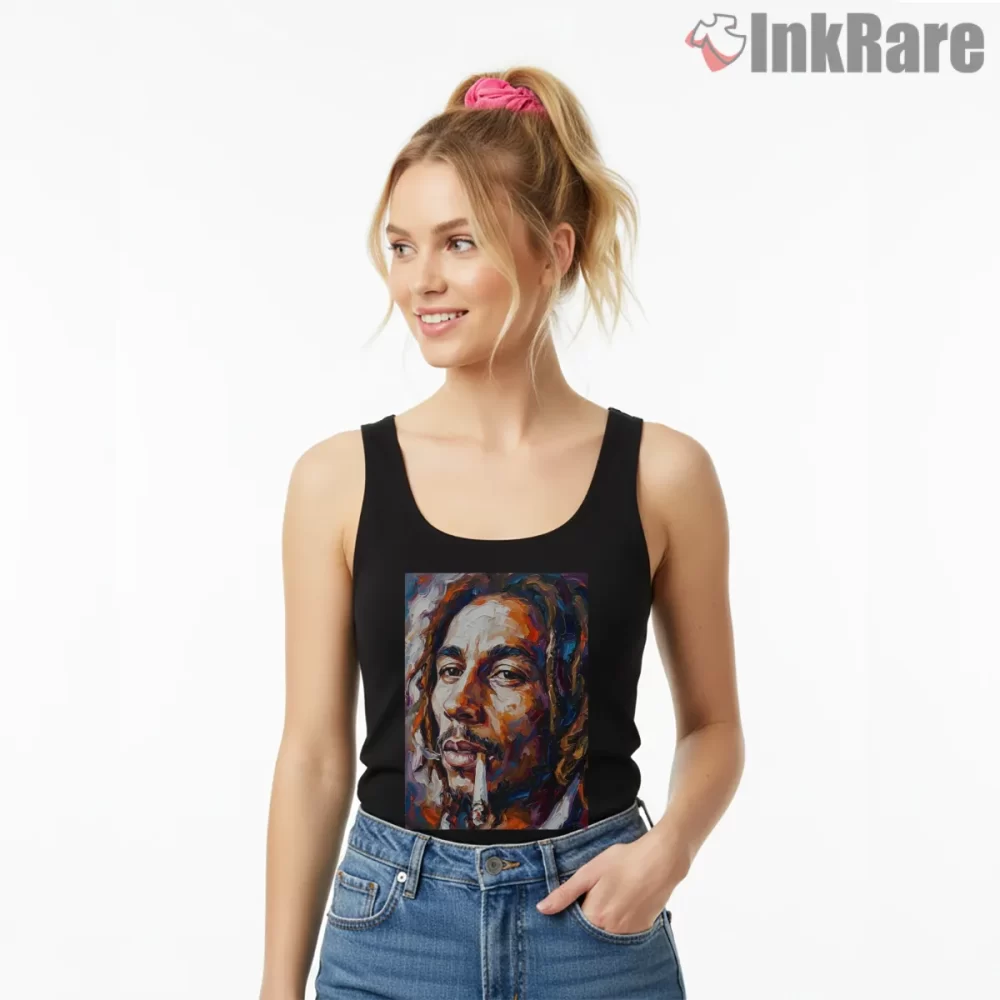 Bob Marley Expressive Painted Portrait Shirt on black tank top for women graphic tee