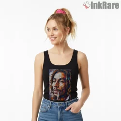 Bob Marley Expressive Painted Portrait Shirt on black tank top for women graphic tee