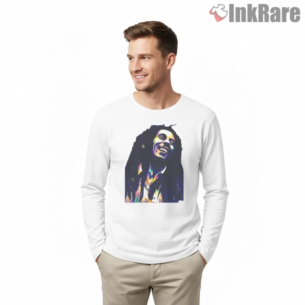 Bob Marley Expressive Reggae Pop Art Shirt on white long sleeve shirt for men graphic tee