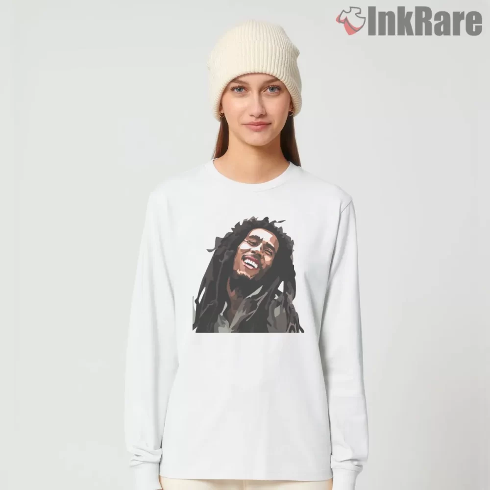 Bob Marley Expressive Vector Joy Portrait Shirt on white long sleeve shirt for women graphic tee