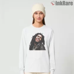 Bob Marley Expressive Vector Joy Portrait Shirt on white long sleeve shirt for women graphic tee