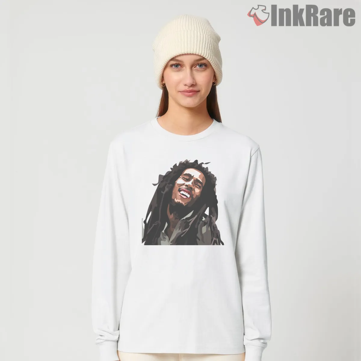 Bob Marley Expressive Vector Joy Portrait Long Sleeve White Bob Marley Expressive Vector Joy Portrait Shirt on white long sleeve shirt for women graphic tee