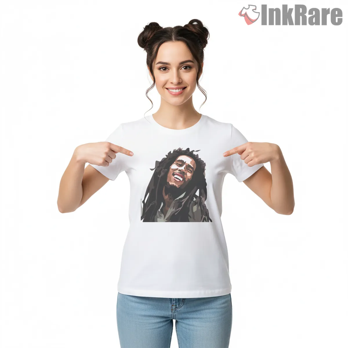Bob Marley Expressive Vector Joy Portrait Shirt on white short sleeve shirt for women graphic tee