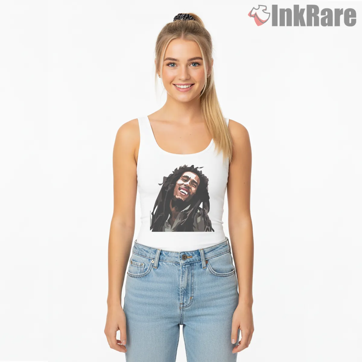 Bob Marley Expressive Vector Joy Portrait Tank Top White Bob Marley Expressive Vector Joy Portrait Shirt on white tank top for women graphic tee