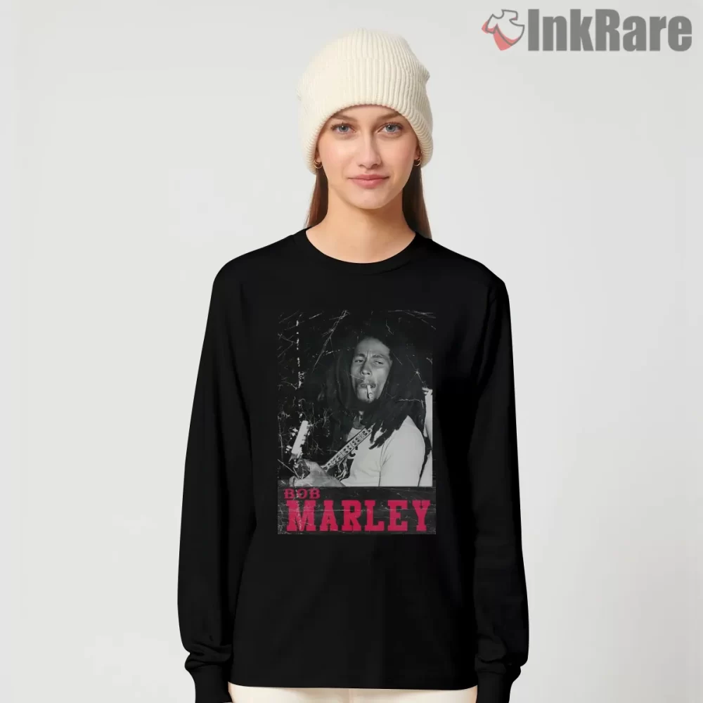 Bob Marley Gritty Vintage Guitar Portrait Shirt on black long sleeve shirt for women graphic tee