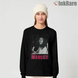 Bob Marley Gritty Vintage Guitar Portrait Shirt on black long sleeve shirt for women graphic tee