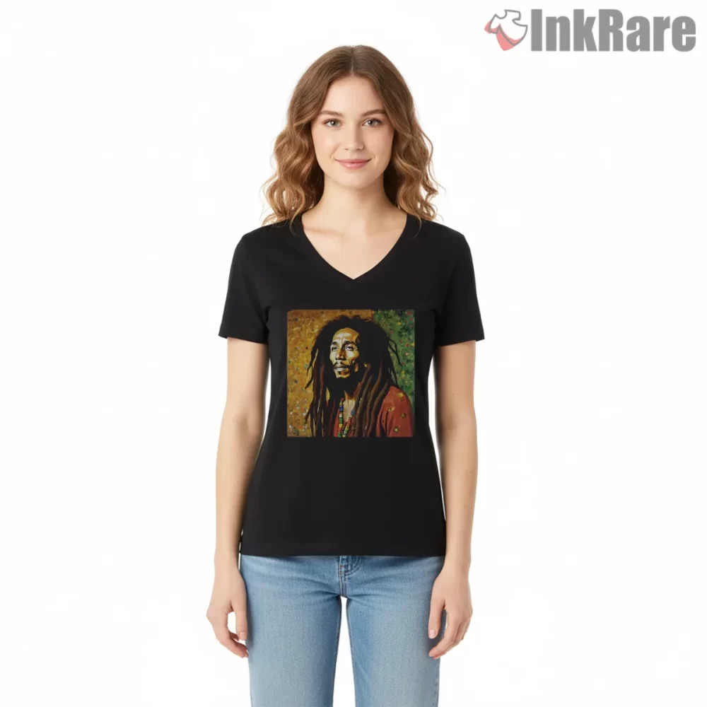 Bob Marley Gustav Klimt Inspired Art Shirt on black v-neck shirt for women graphic tee