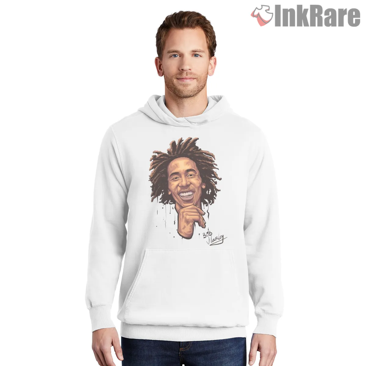 Bob Marley Hand Drawn Smile Portrait Shirt on white hoodie for men graphic tee