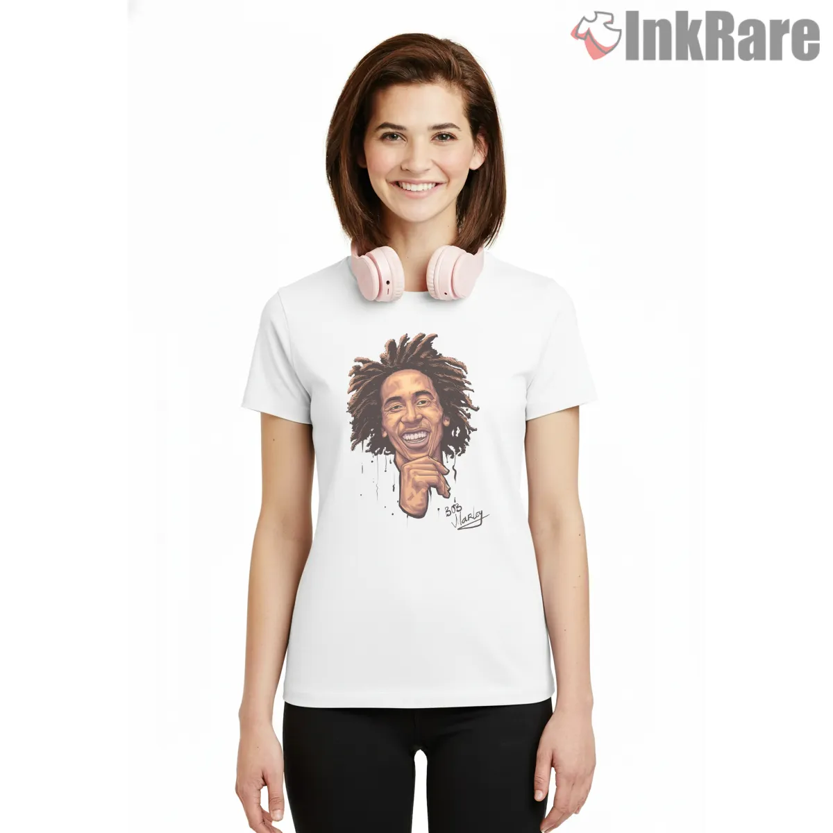 Bob Marley Hand Drawn Smile Portrait Short Sleeve White Bob Marley Hand Drawn Smile Portrait Shirt on white short sleeve shirt for women graphic tee