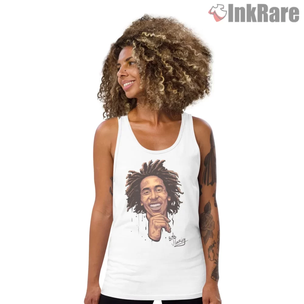 Bob Marley Hand Drawn Smile Portrait Shirt on white tank top for women graphic tee