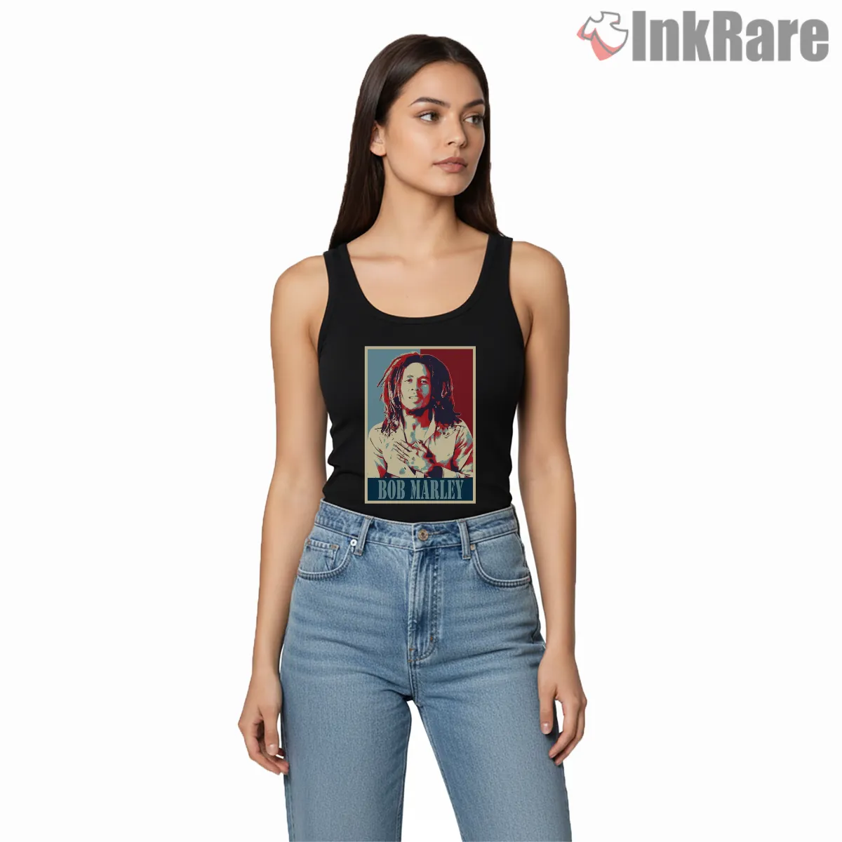 Bob Marley Hope Style Minimal Portrait Tank Top Black Bob Marley Hope Style Minimal Portrait Shirt on black tank top for women graphic tee
