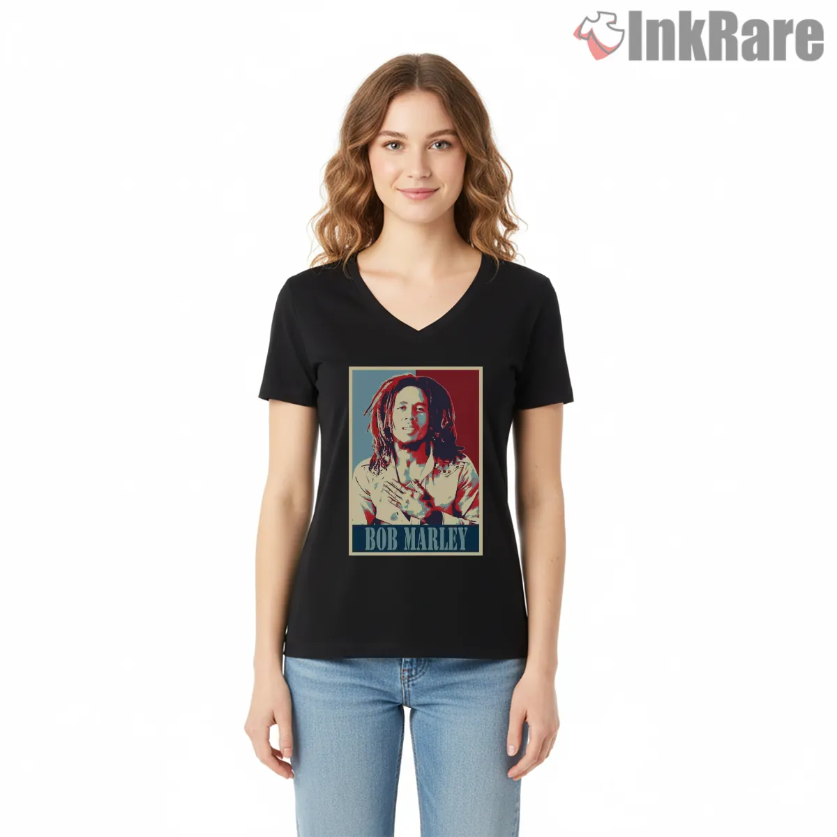 Bob Marley Hope Style Minimal Portrait V Neck Black Bob Marley Hope Style Minimal Portrait Shirt on black v-neck shirt for women graphic tee