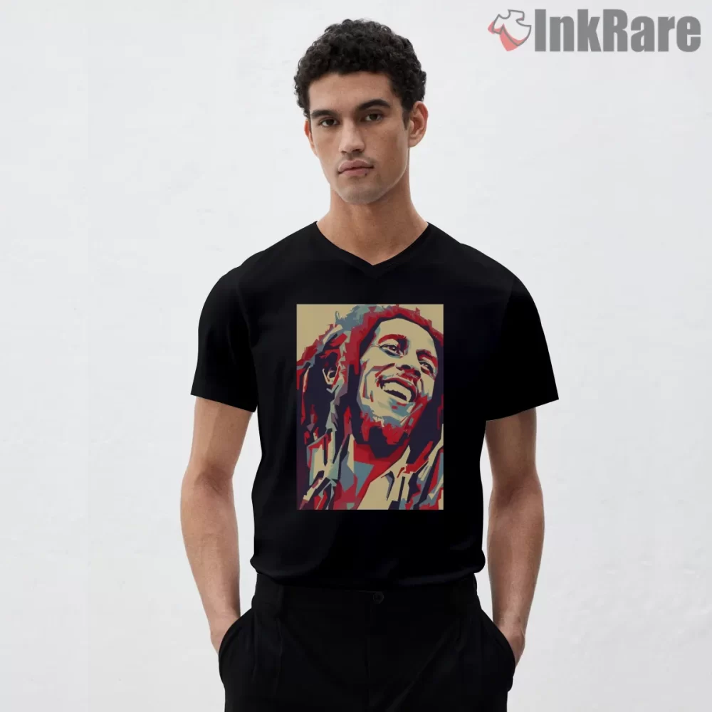 Bob Marley Hope Style Reggae Portrait Shirt on black v-neck shirt for men graphic tee