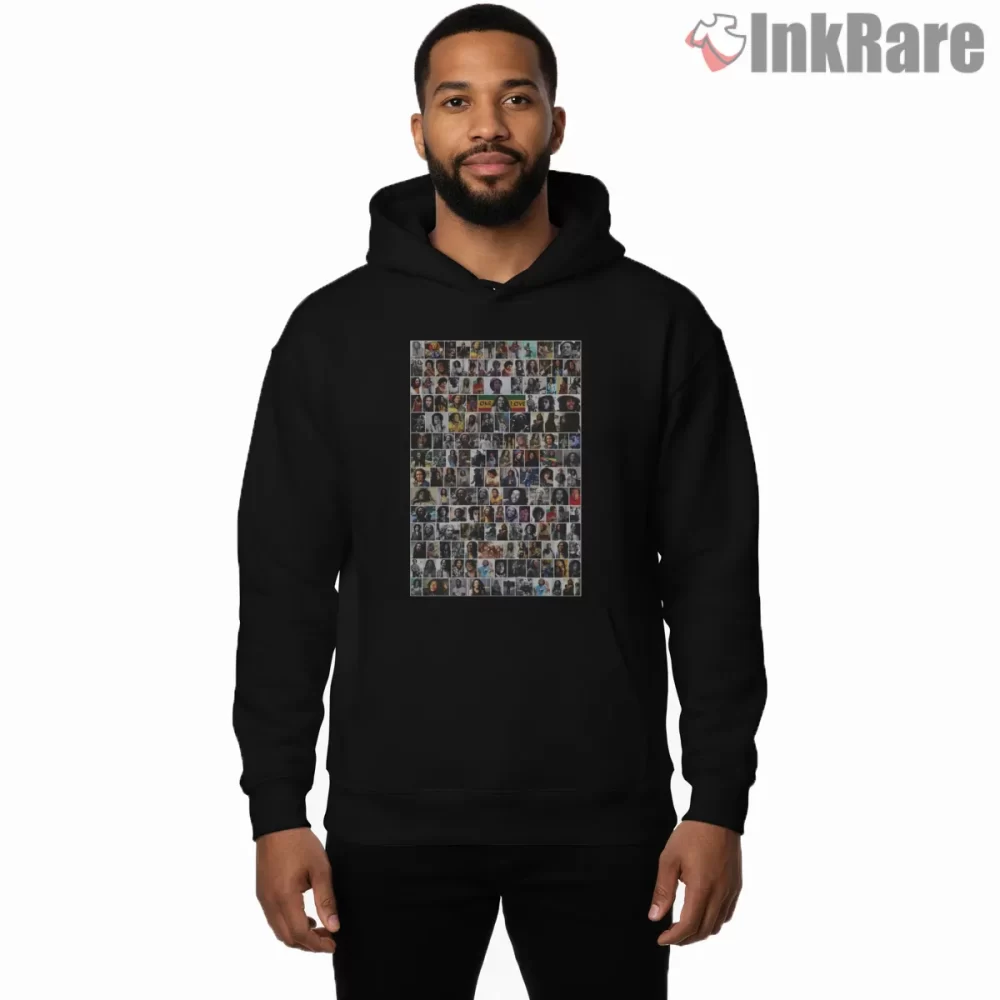 Bob Marley Iconic Collage History Shirt on black hoodie for men graphic tee