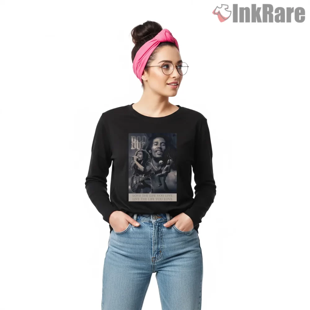 Bob Marley Inspirational Quote Reggae Shirt on black long sleeve shirt for women graphic tee