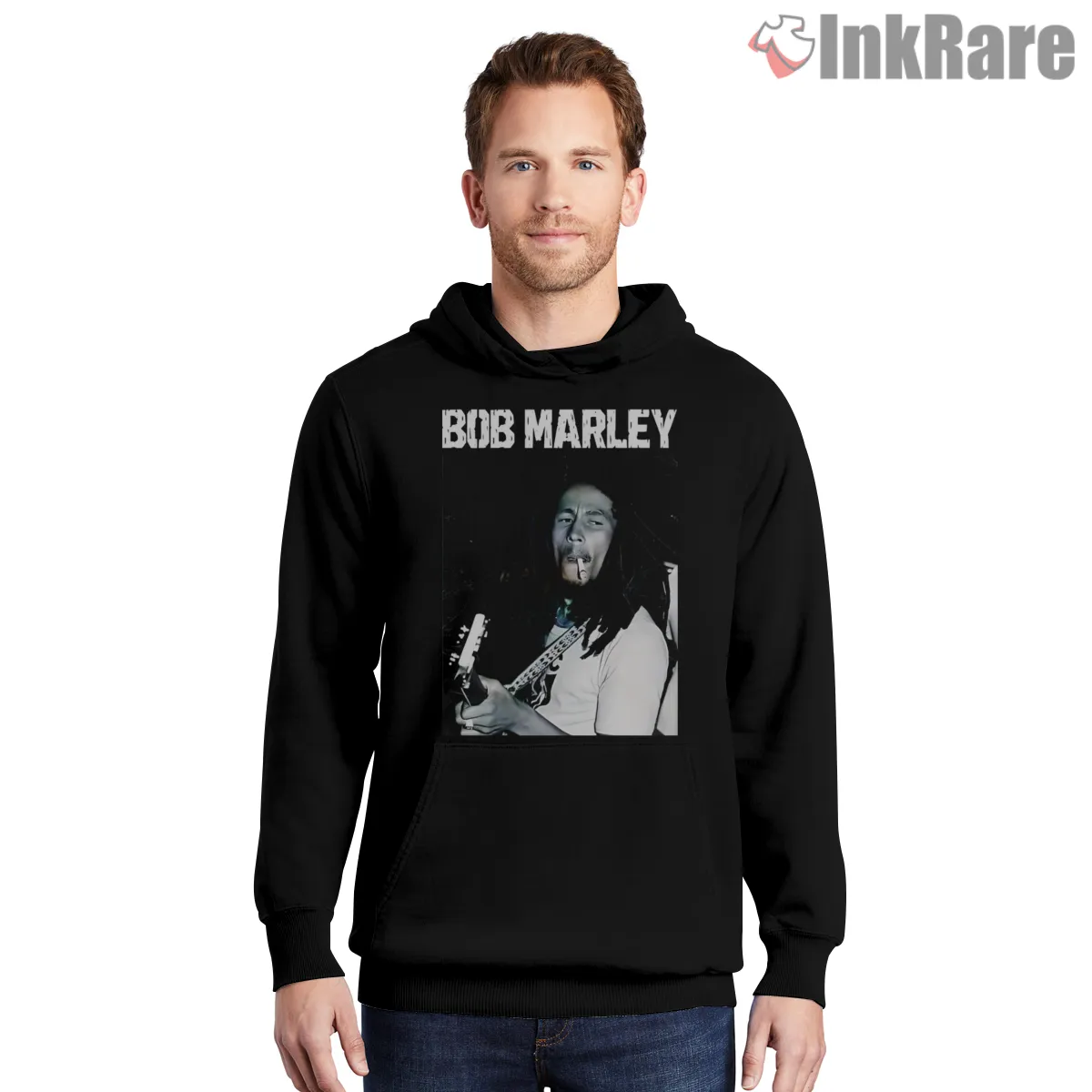 Bob Marley Intense Reggae Full Face Shirt on black hoodie for men graphic tee