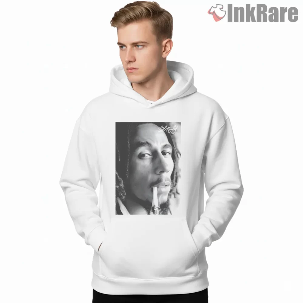 Bob Marley Intimate Black And White Close Up Shirt on white hoodie for men graphic tee