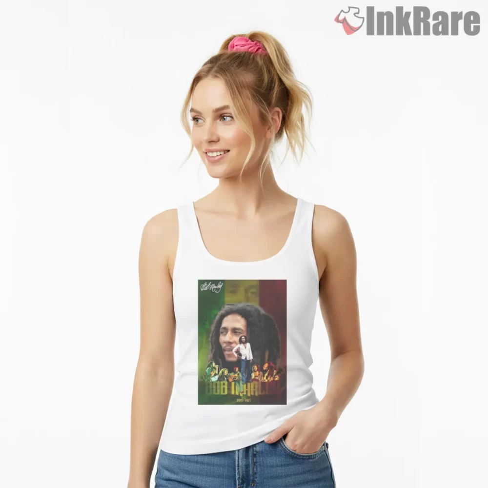 Bob Marley Jamaican Tribute Portrait Shirt on white tank top for women graphic tee