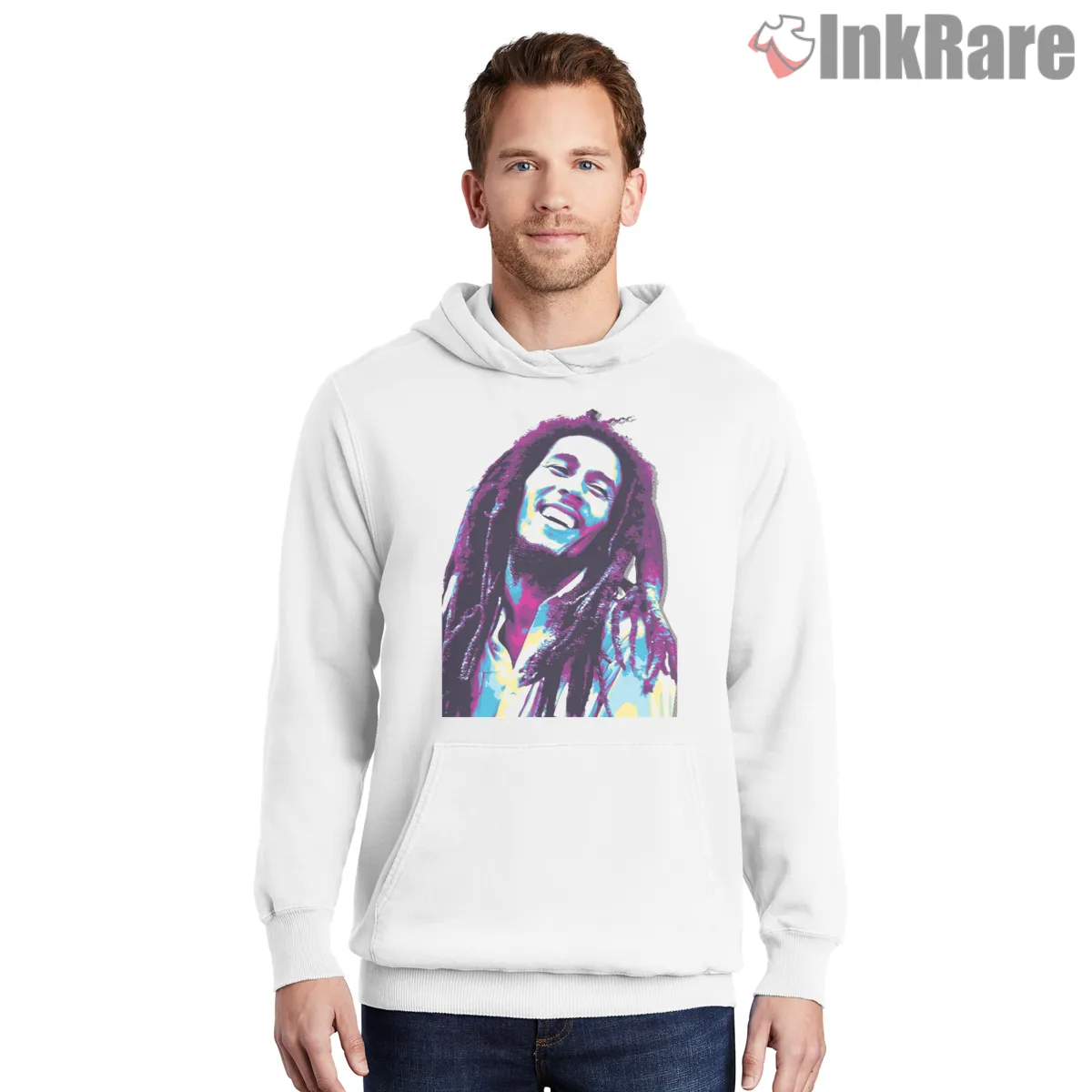 Bob Marley Joyful Reggae Portrait Shirt on white hoodie for men graphic tee