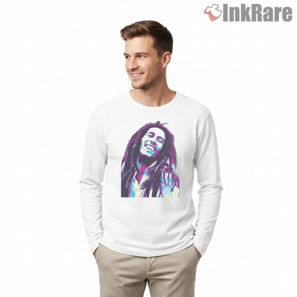 Bob Marley Joyful Reggae Portrait Shirt on white long sleeve shirt for men graphic tee