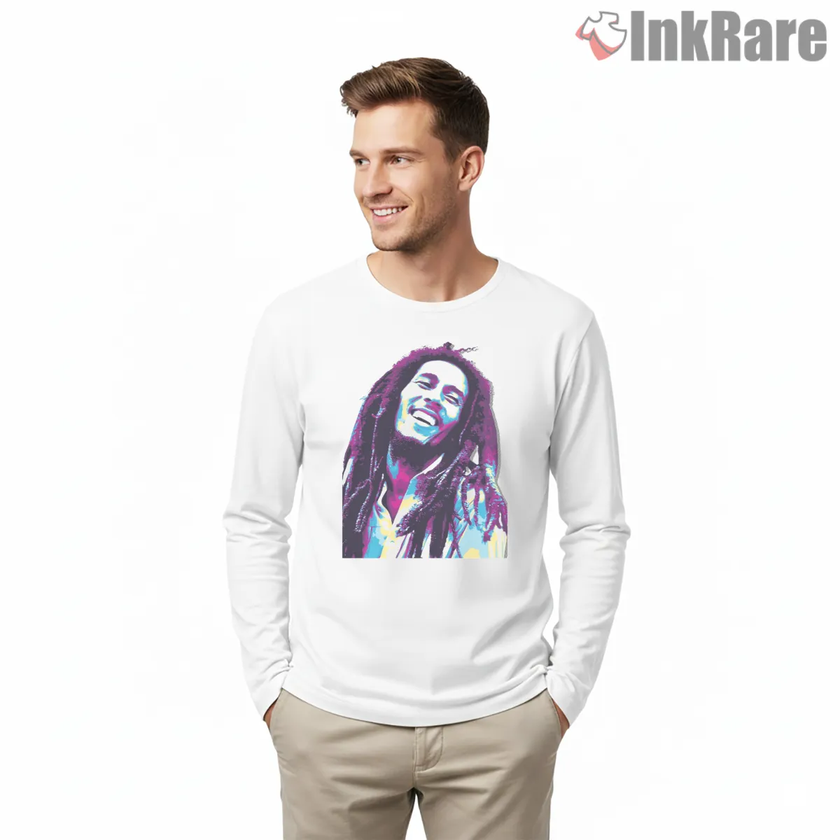 Bob Marley Joyful Reggae Portrait Long Sleeve White Bob Marley Joyful Reggae Portrait Shirt on white long sleeve shirt for men graphic tee