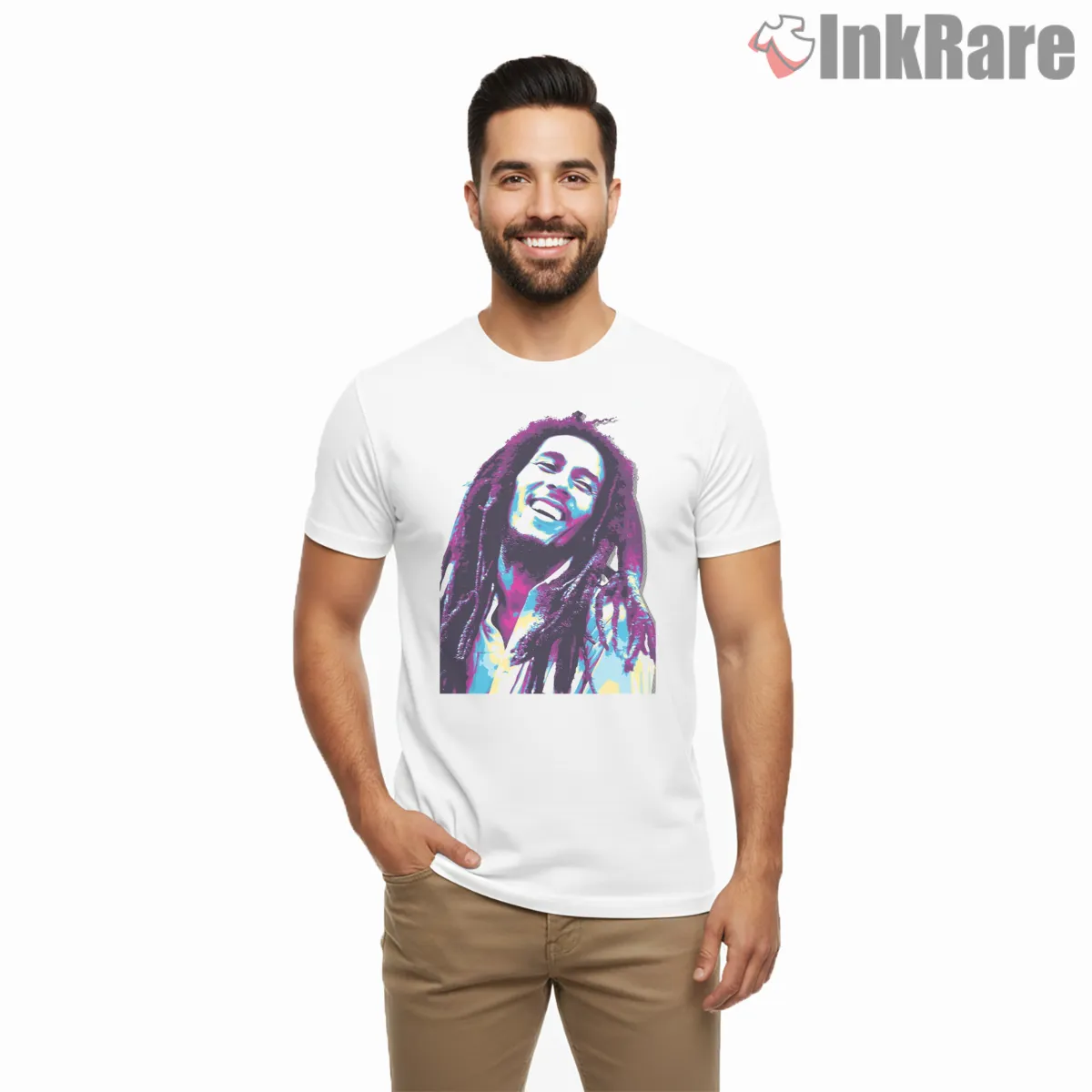 Bob Marley Joyful Reggae Portrait Short Sleeve White Bob Marley Joyful Reggae Portrait Shirt on white short sleeve shirt for men graphic tee