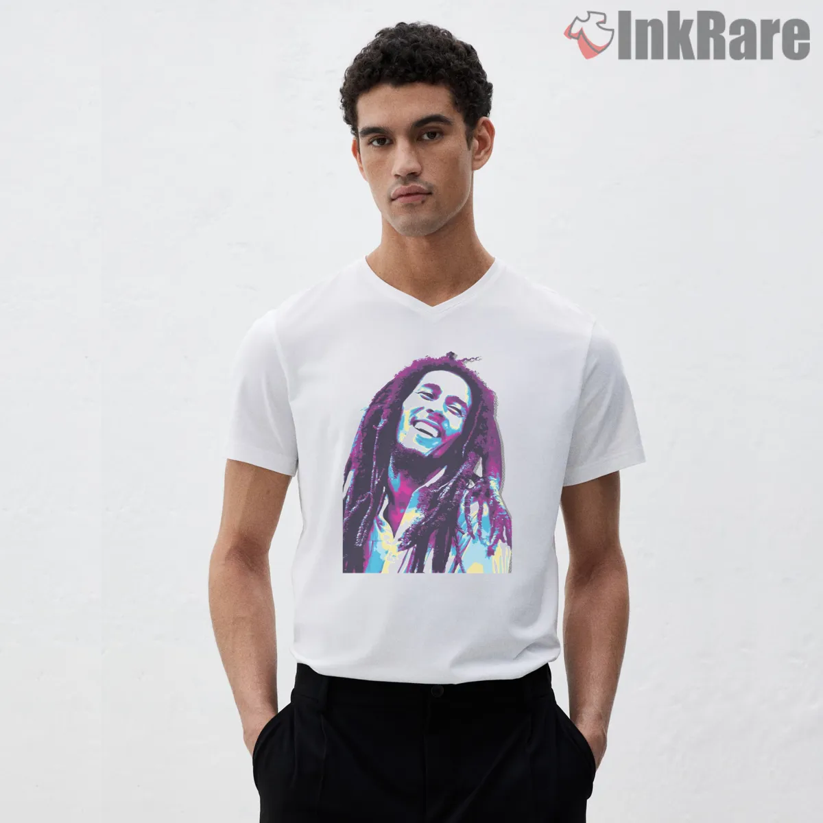 Bob Marley Joyful Reggae Portrait V Neck White Bob Marley Joyful Reggae Portrait Shirt on white v-neck shirt for men graphic tee