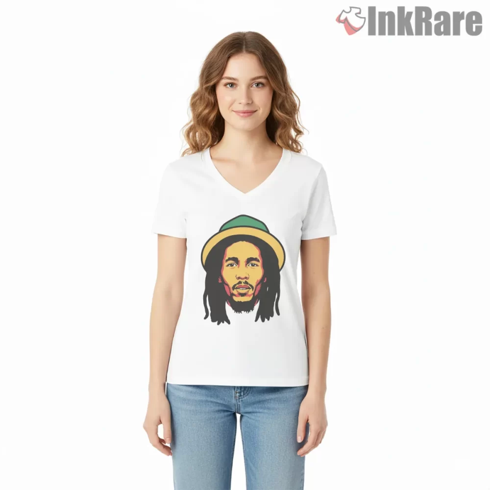 Bob Marley King Of Reggae Crown Portrait Shirt on white v-neck shirt for women graphic tee
