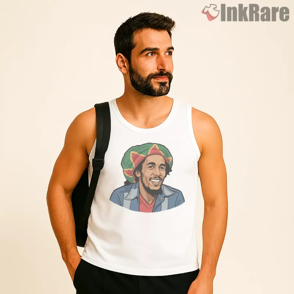 Bob Marley King Of Reggae Illustrated Portrait Shirt on white tank top for men graphic tee