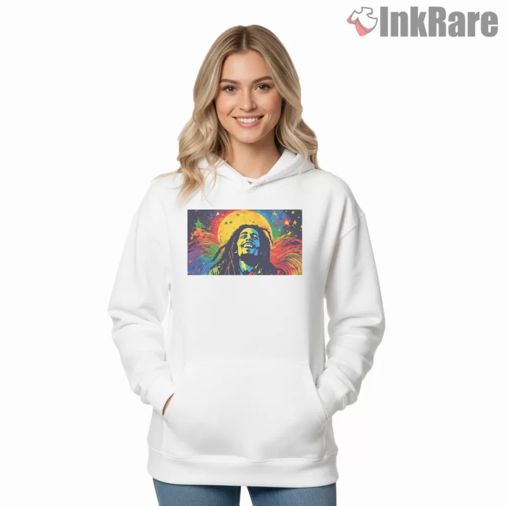 Bob Marley Legendary Cosmic Celebration Shirt on white hoodie for women graphic tee