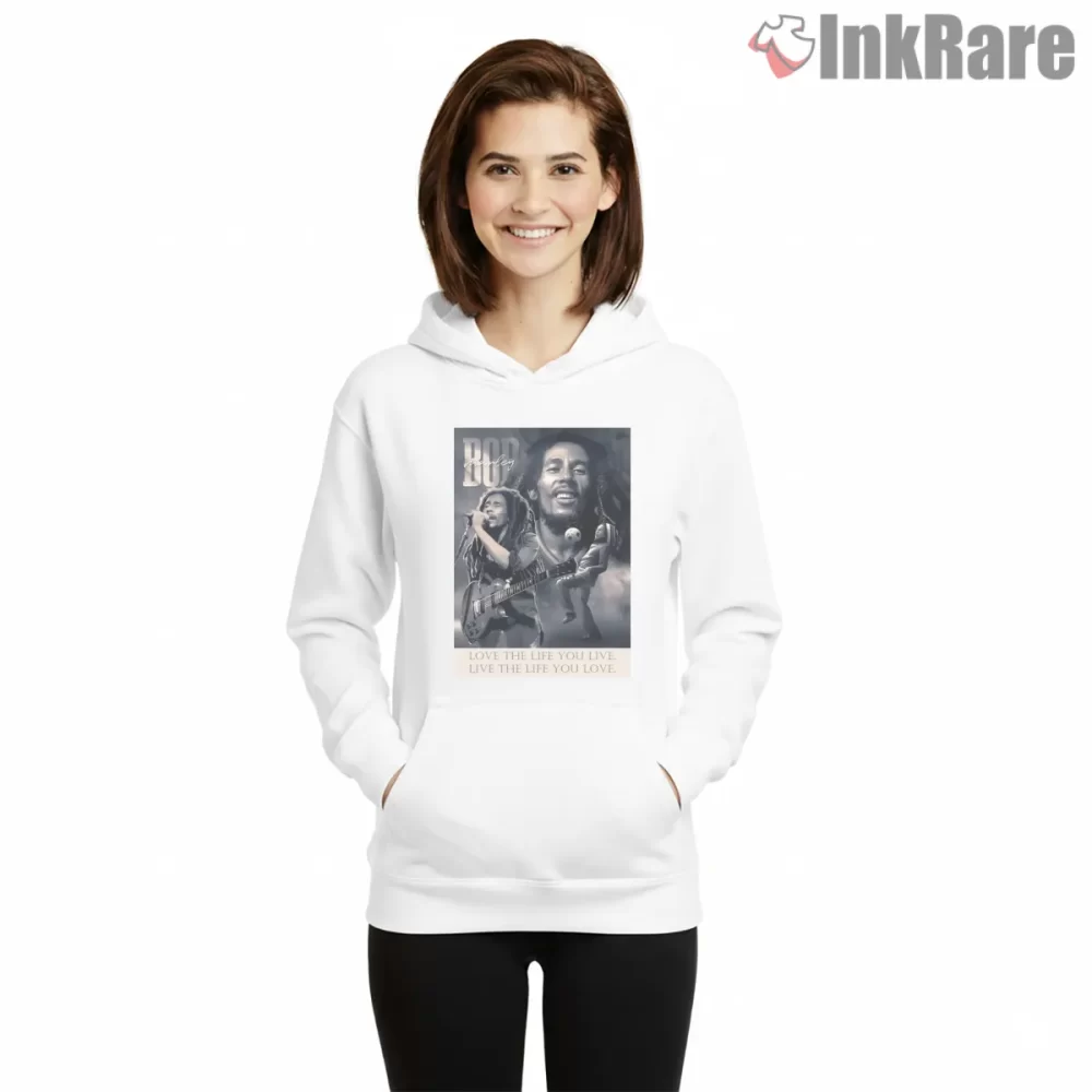 Bob Marley Live Music Quote Poster Style Shirt on white hoodie for women graphic tee