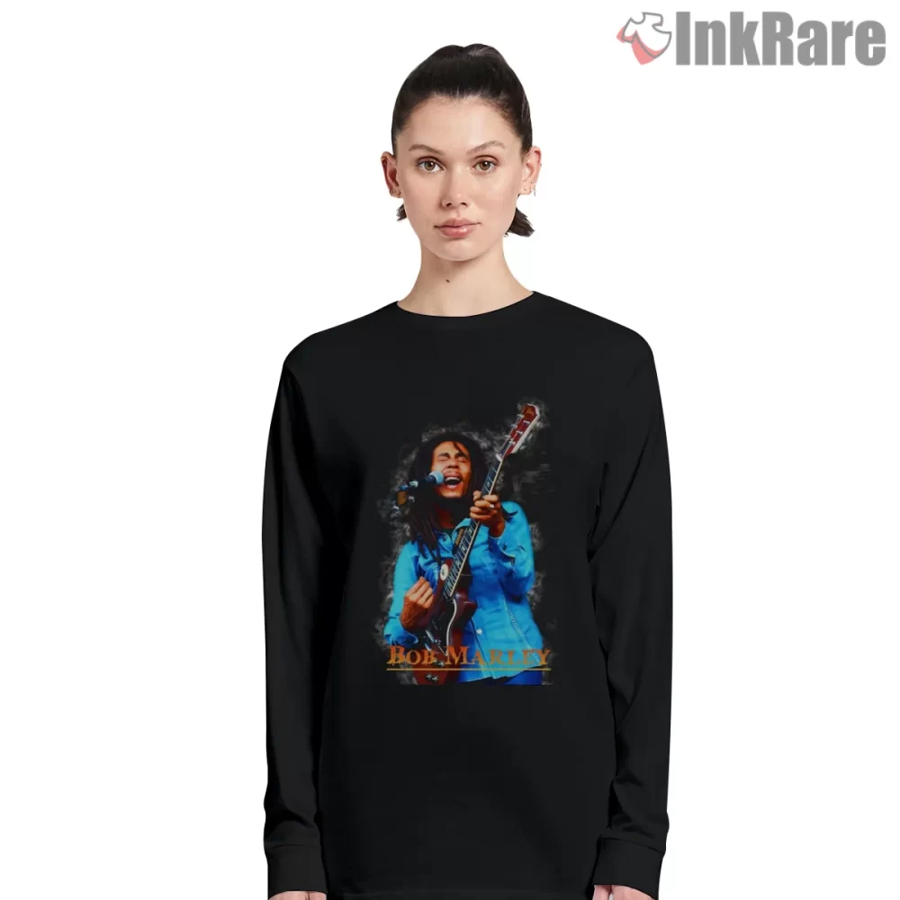 Bob Marley Live Musician Guitar Performance Shirt on black long sleeve shirt for women graphic tee