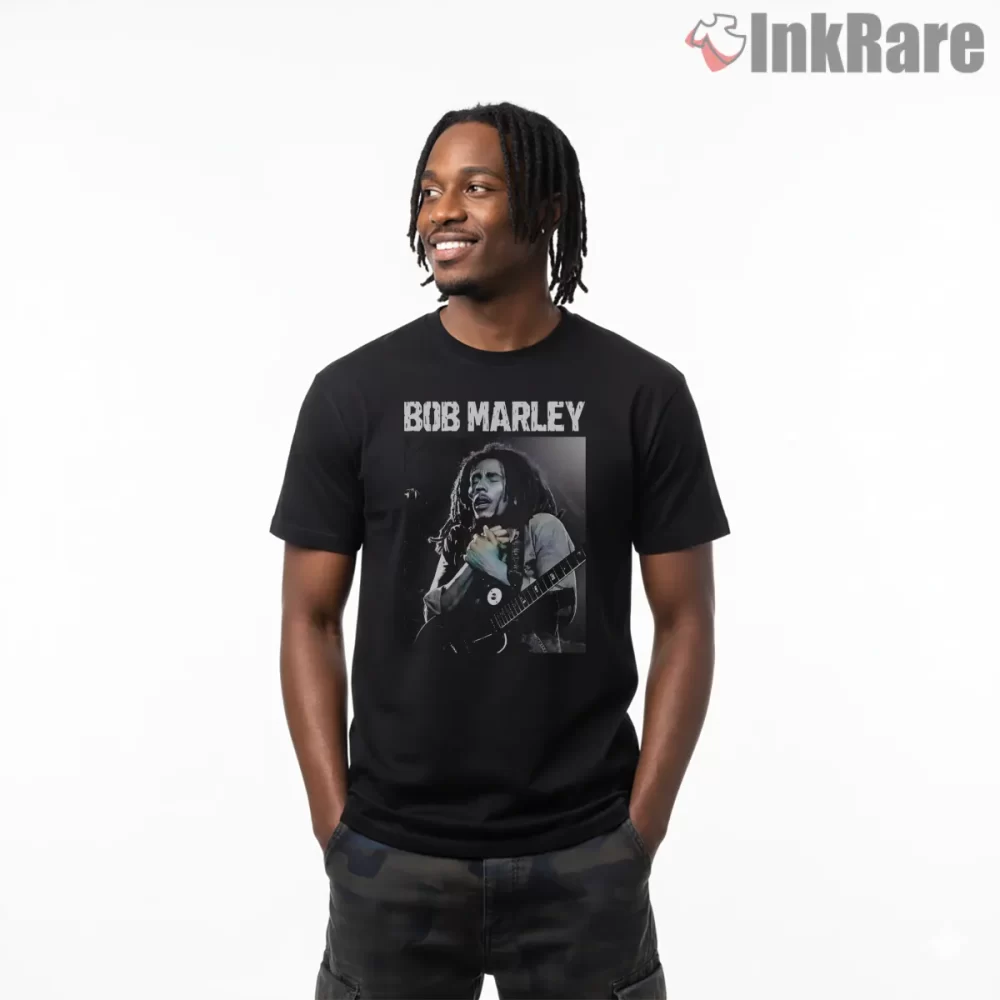Bob Marley Live Reggae Guitar Performance Shirt on black short sleeve shirt for men graphic tee