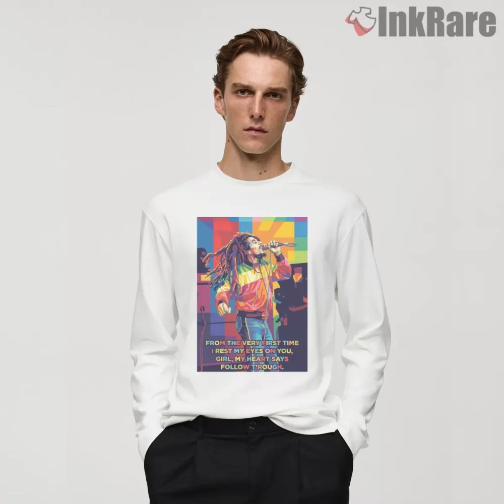 Bob Marley Lyric Inspired Reggae Portrait Shirt on white long sleeve shirt for men graphic tee