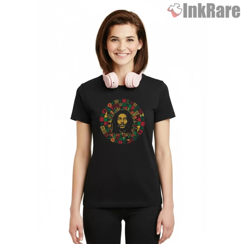 Bob Marley Mandala Inspired Reggae Portrait Shirt on black short sleeve shirt for women graphic tee