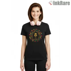 Bob Marley Mandala Inspired Reggae Portrait Shirt on black short sleeve shirt for women graphic tee