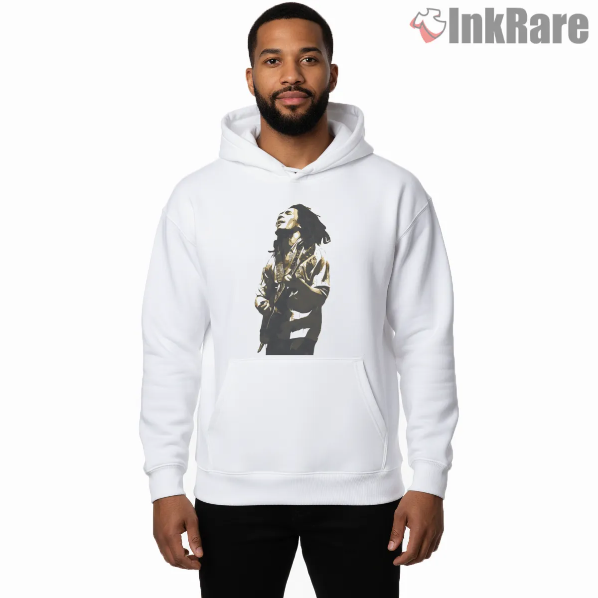 Bob Marley Minimal White Black Reggae Guitar Shirt on white hoodie for men graphic tee
