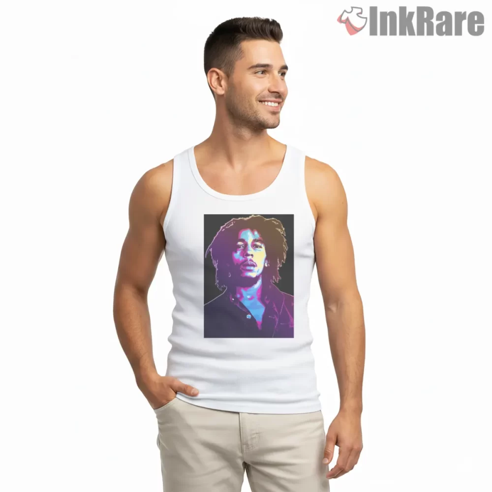 Bob Marley Neon Reggae Portrait Shirt on white tank top for men graphic tee