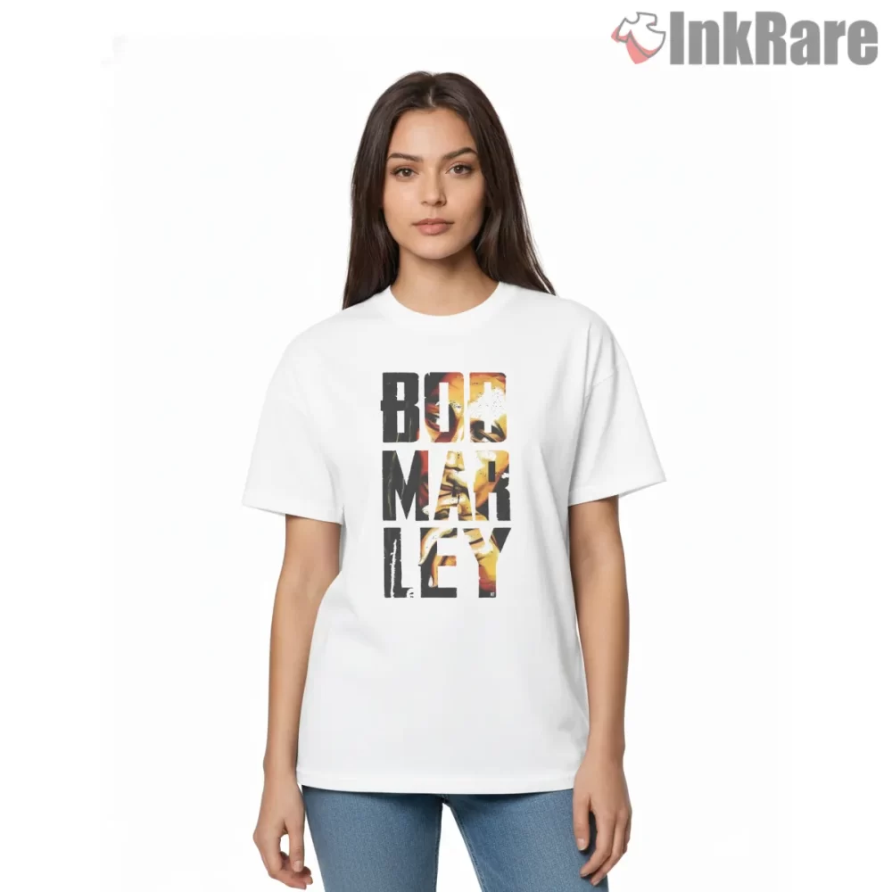 Bob Marley One Love Bold Typography Shirt on white short sleeve shirt for women graphic tee