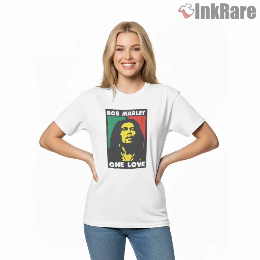 Bob Marley One Love Classic Rasta Portrait Shirt on white short sleeve shirt for women graphic tee