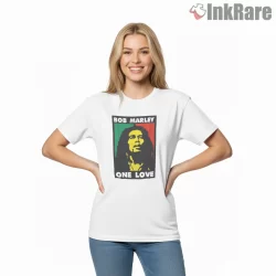 Bob Marley One Love Classic Rasta Portrait Shirt on white short sleeve shirt for women graphic tee